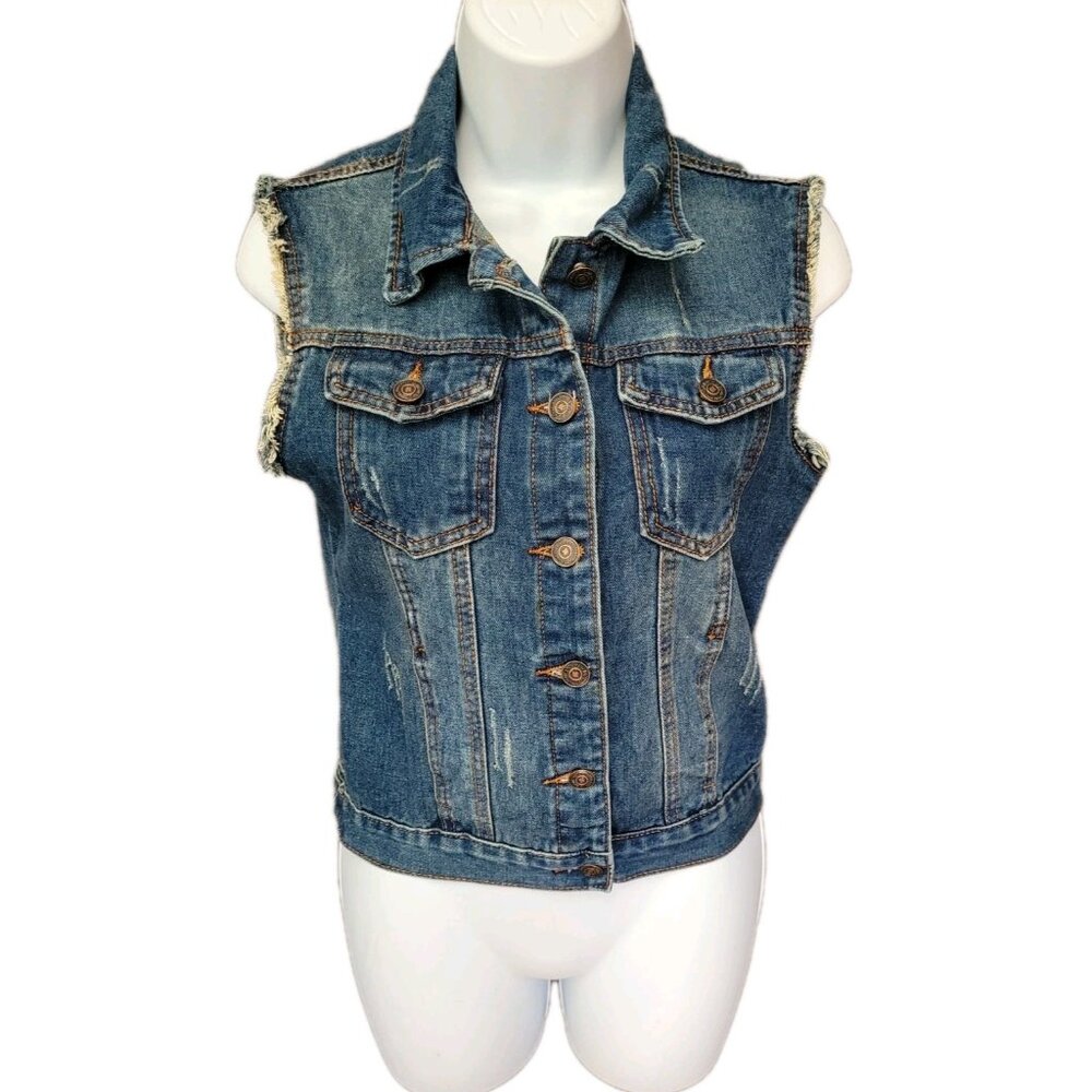 90s Y2K Vintage Crop Top Jean Jacket Vest  Denim Fringe Distressed Grunge S